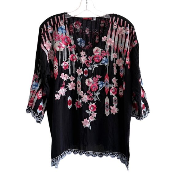 JOHNNY WAS Wendy Black Embroidered Scoop Neck Three Quarter Sleeve Top - Picture 2 of 9